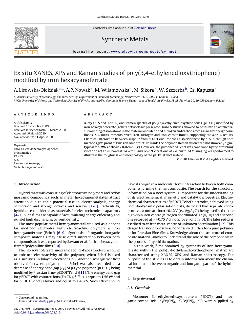 Ex situ XANES, XPS and Raman studies of poly(3,4-ethylenedioxythiophene) modified by iron hexacyanoferrate