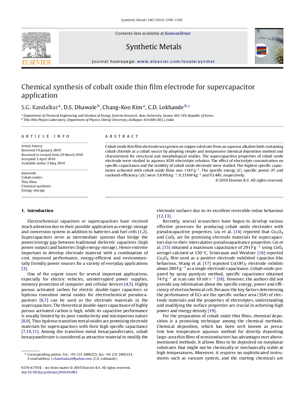 Chemical synthesis of cobalt oxide thin film electrode for supercapacitor application