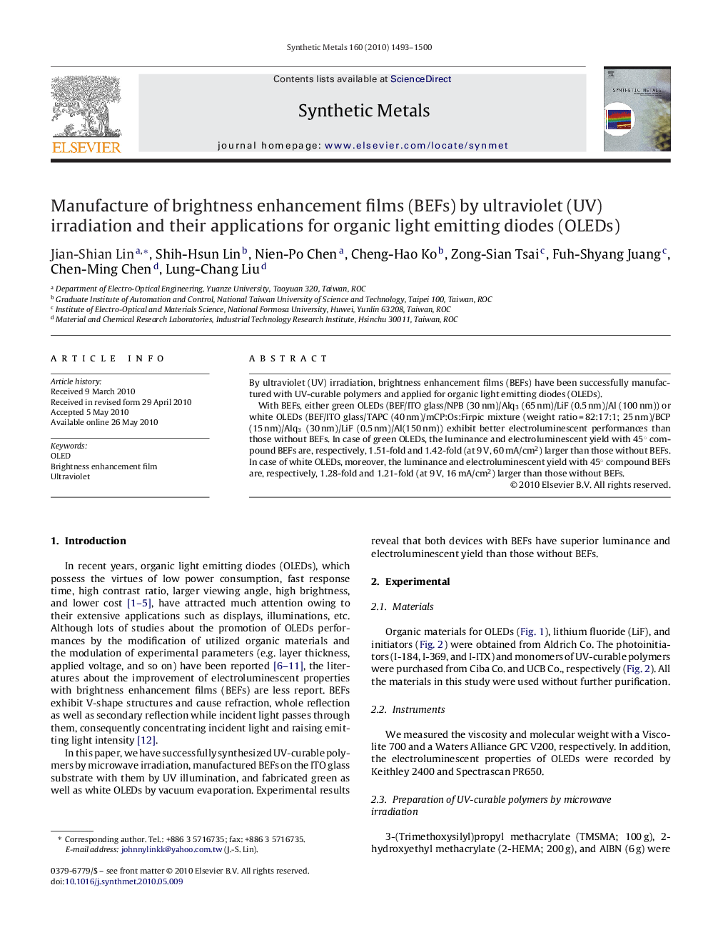 Manufacture of brightness enhancement films (BEFs) by ultraviolet (UV) irradiation and their applications for organic light emitting diodes (OLEDs)