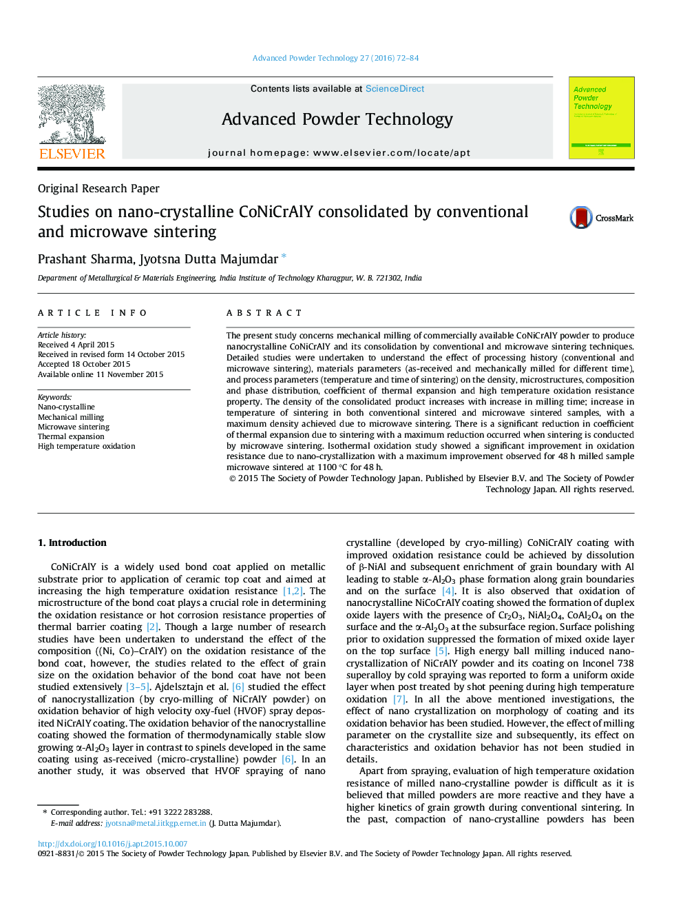 Studies on nano-crystalline CoNiCrAlY consolidated by conventional and microwave sintering