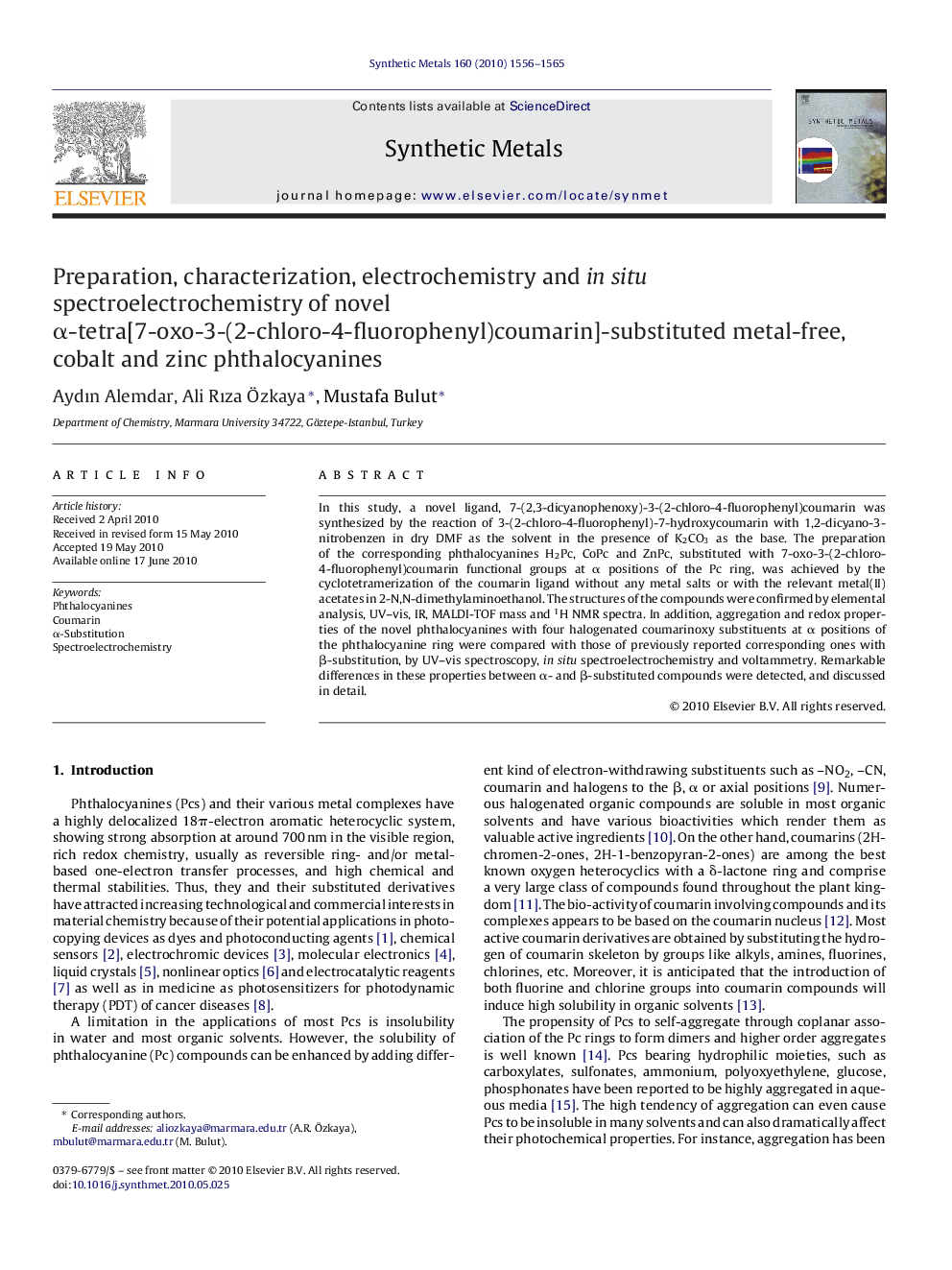 Preparation, characterization, electrochemistry and in situ spectroelectrochemistry of novel α-tetra[7-oxo-3-(2-chloro-4-fluorophenyl)coumarin]-substituted metal-free, cobalt and zinc phthalocyanines