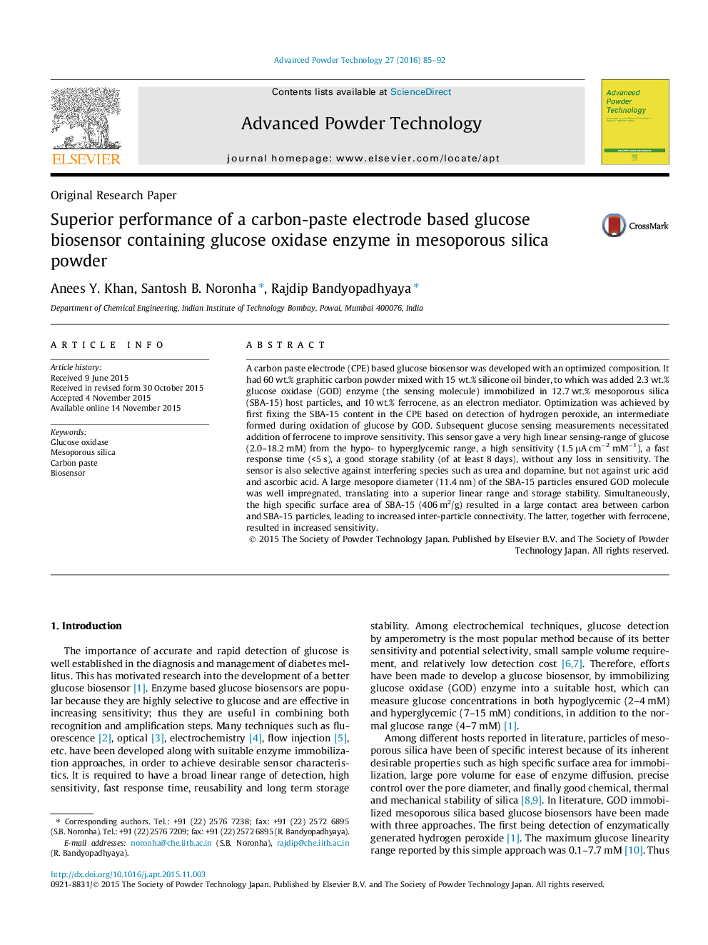 Superior performance of a carbon-paste electrode based glucose biosensor containing glucose oxidase enzyme in mesoporous silica powder