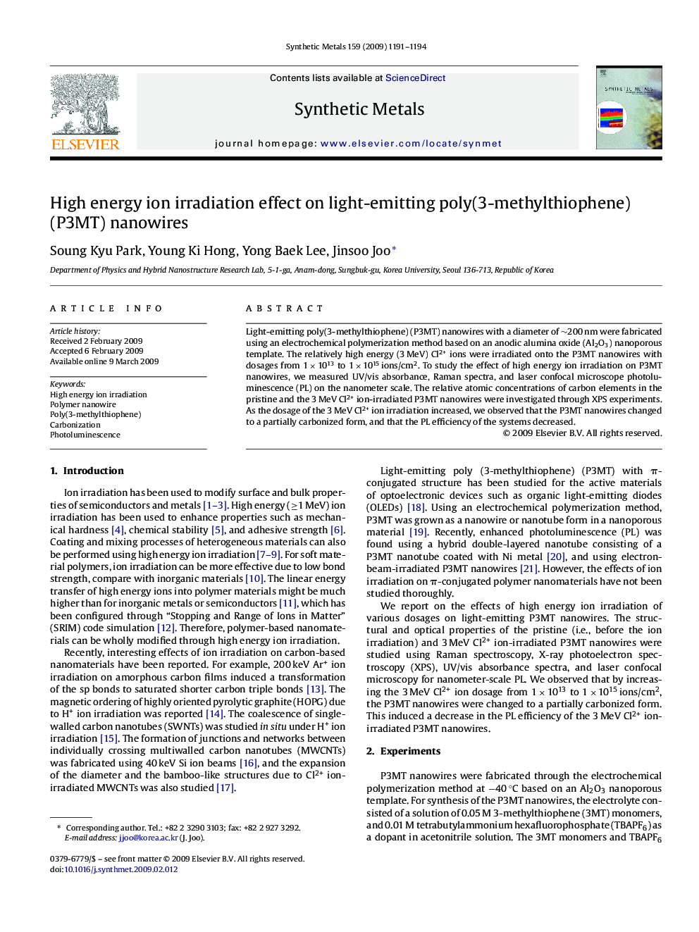 High energy ion irradiation effect on light-emitting poly(3-methylthiophene) (P3MT) nanowires