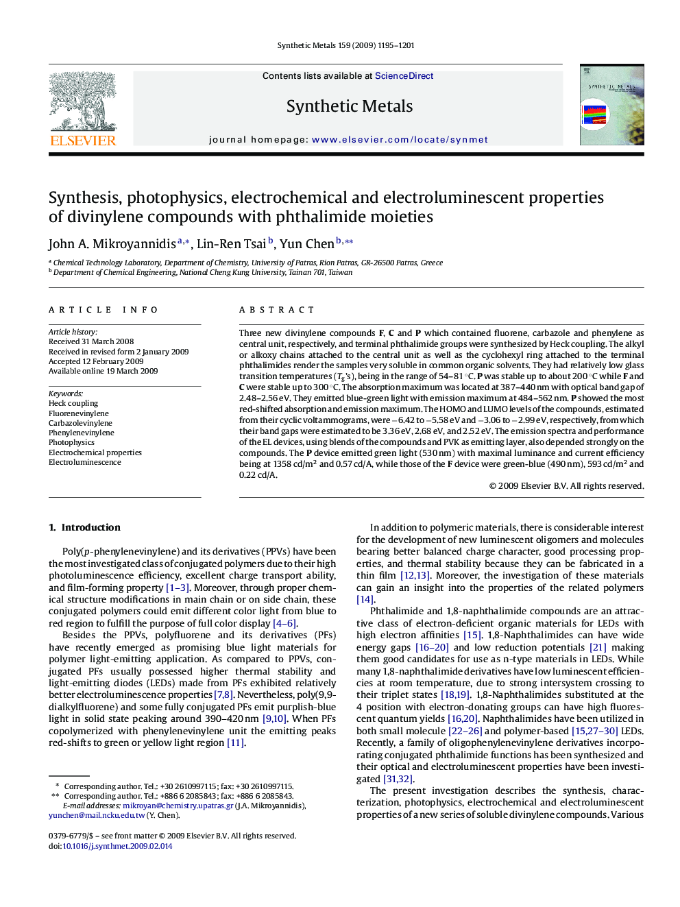 Synthesis, photophysics, electrochemical and electroluminescent properties of divinylene compounds with phthalimide moieties