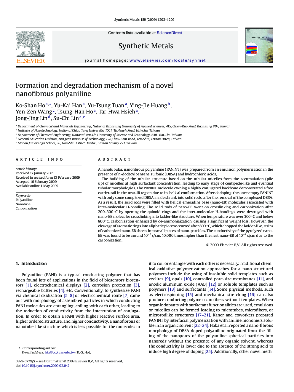 Formation and degradation mechanism of a novel nanofibrous polyaniline