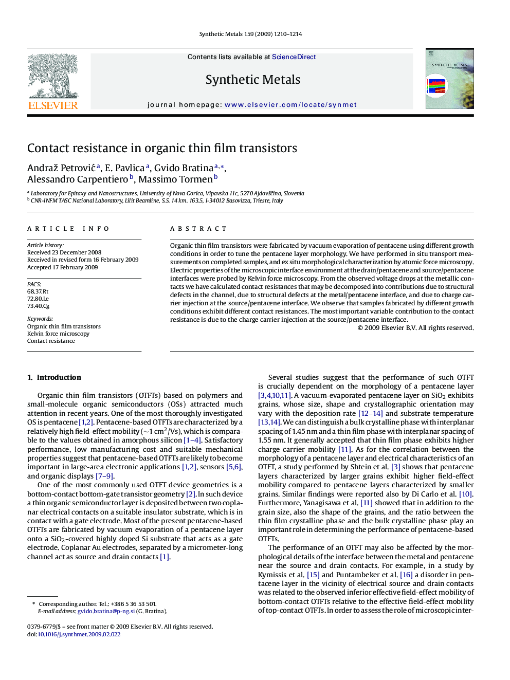 Contact resistance in organic thin film transistors