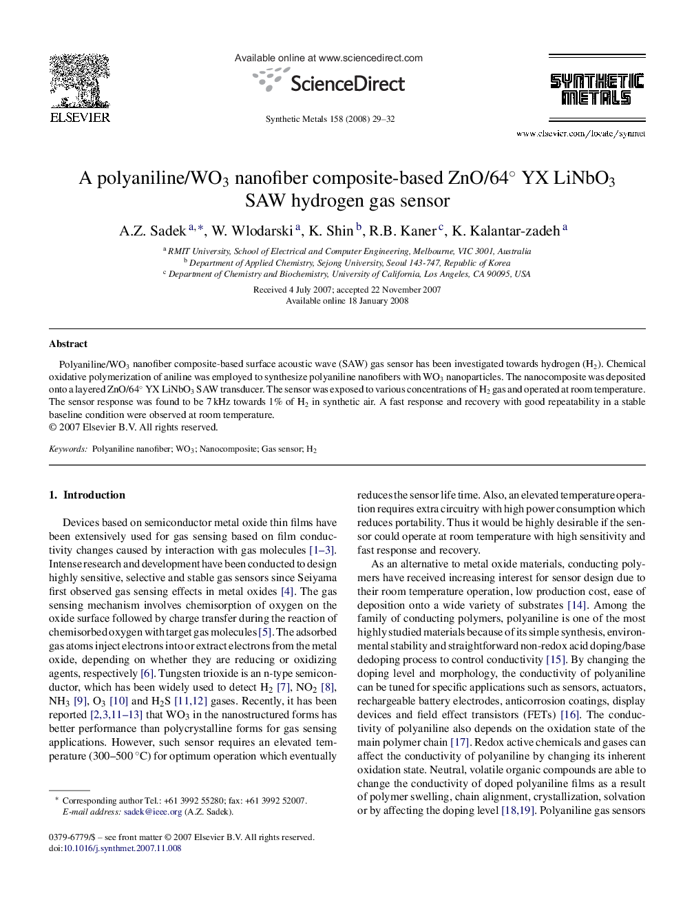 A polyaniline/WO3 nanofiber composite-based ZnO/64° YX LiNbO3 SAW hydrogen gas sensor