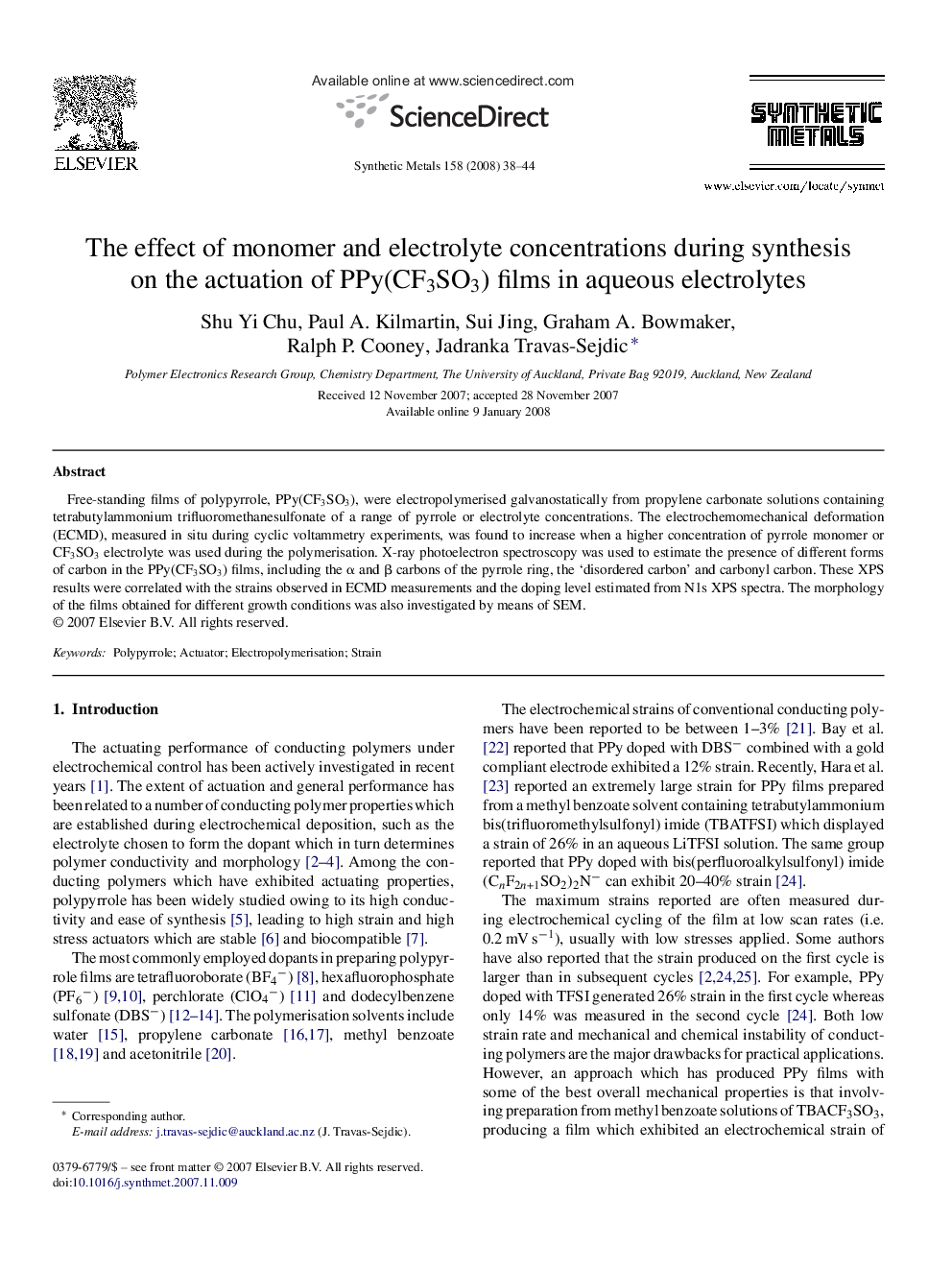 The effect of monomer and electrolyte concentrations during synthesis on the actuation of PPy(CF3SO3) films in aqueous electrolytes