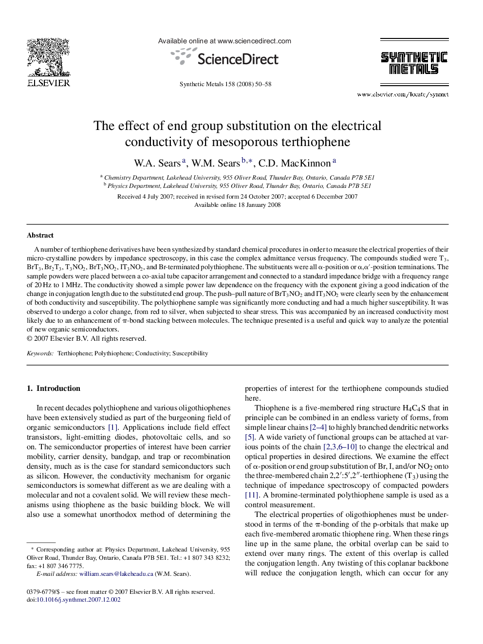 The effect of end group substitution on the electrical conductivity of mesoporous terthiophene