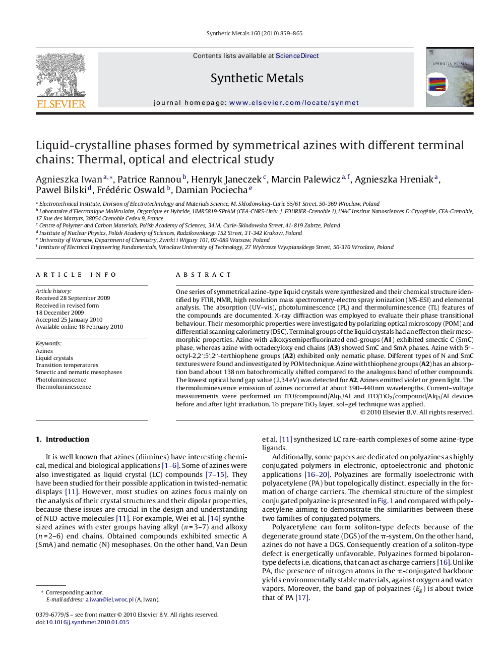 Liquid-crystalline phases formed by symmetrical azines with different terminal chains: Thermal, optical and electrical study