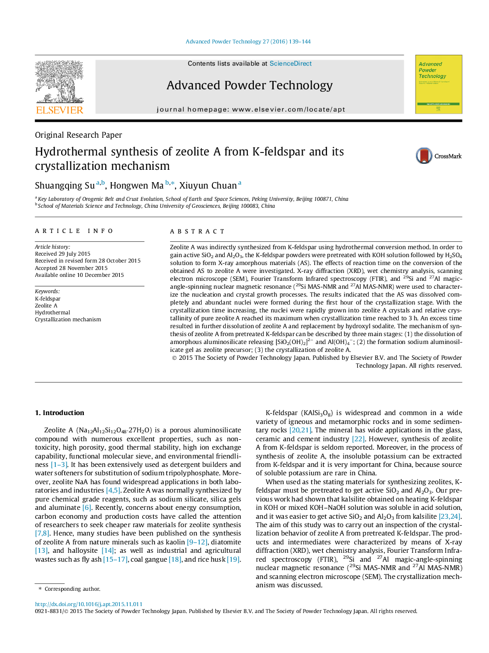 Hydrothermal synthesis of zeolite A from K-feldspar and its crystallization mechanism