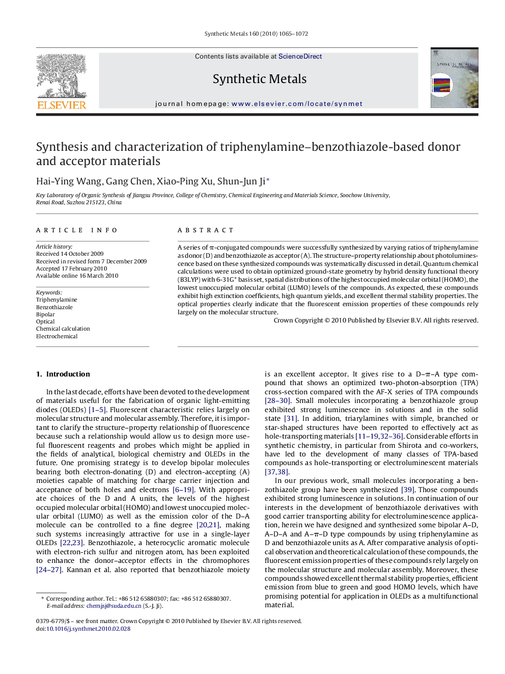 Synthesis and characterization of triphenylamine–benzothiazole-based donor and acceptor materials