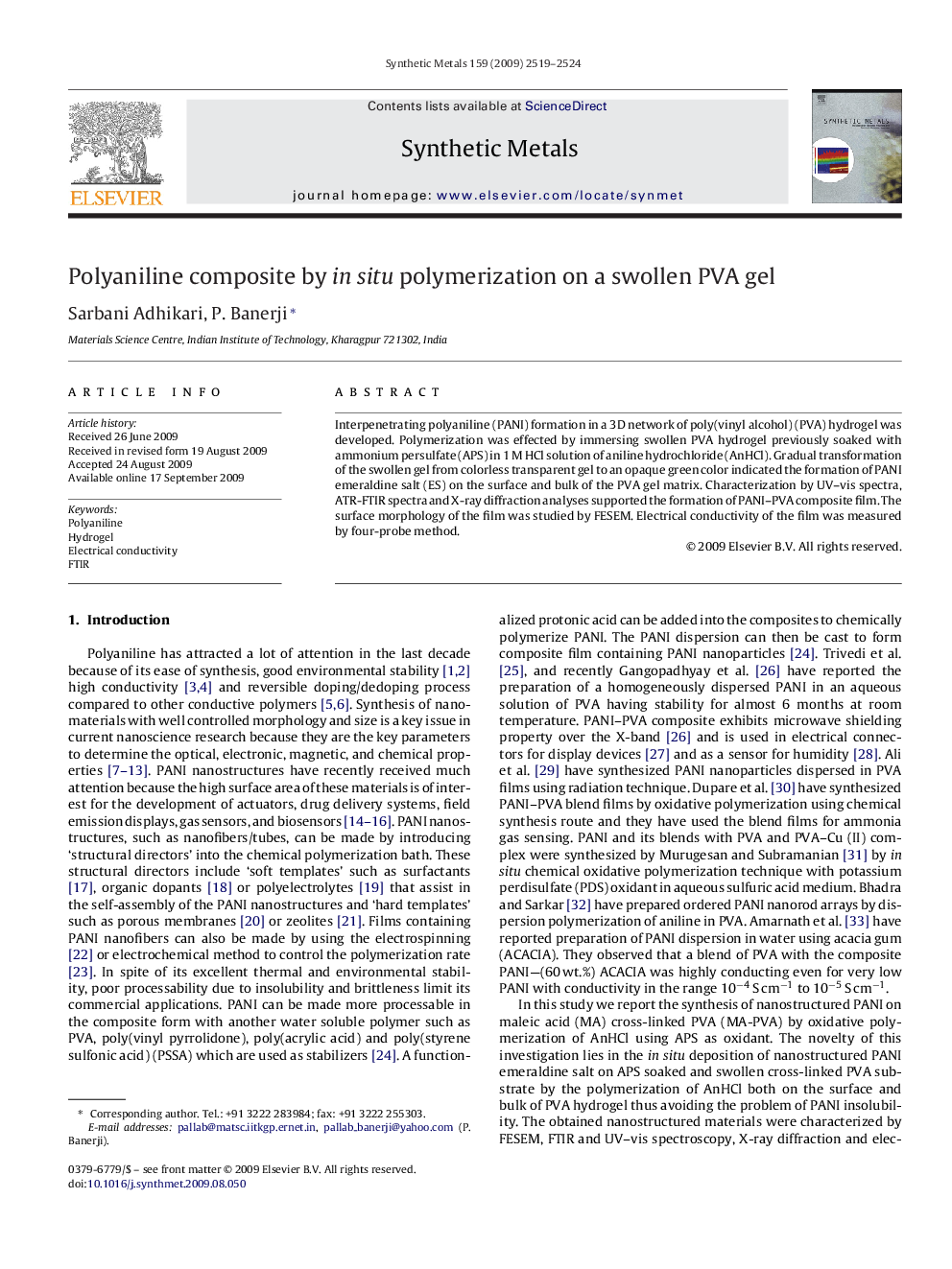 Polyaniline composite by in situ polymerization on a swollen PVA gel