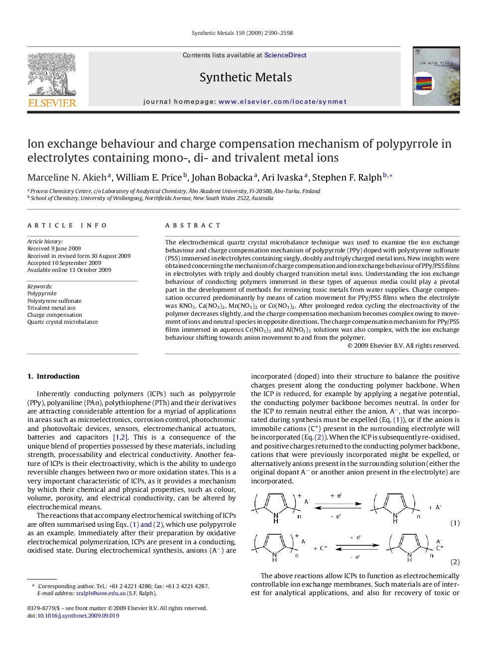 Ion exchange behaviour and charge compensation mechanism of polypyrrole in electrolytes containing mono-, di- and trivalent metal ions