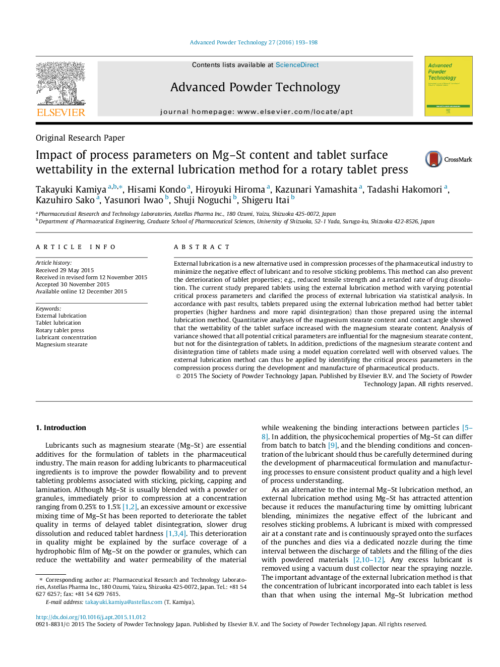 Impact of process parameters on Mg–St content and tablet surface wettability in the external lubrication method for a rotary tablet press