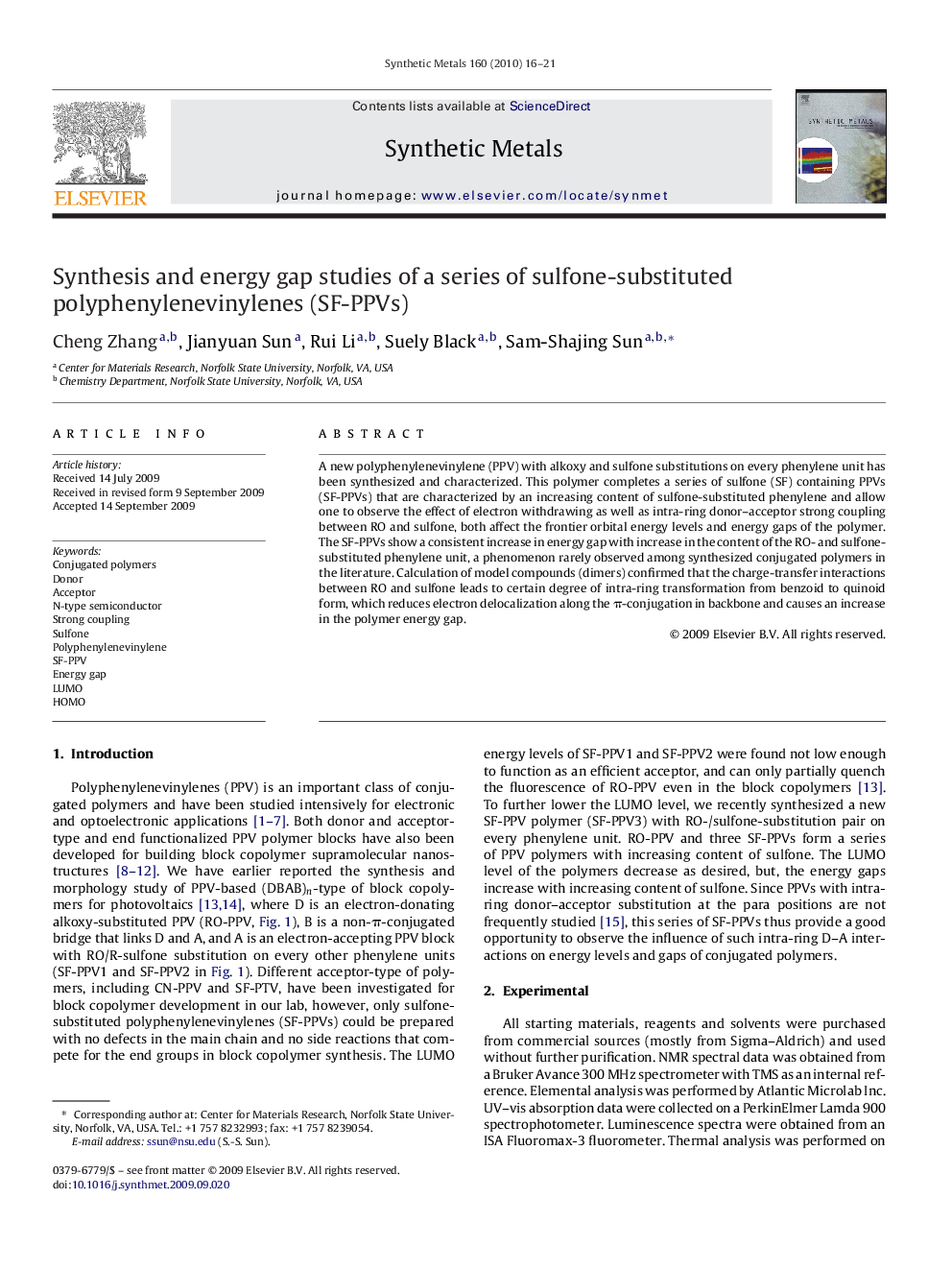 Synthesis and energy gap studies of a series of sulfone-substituted polyphenylenevinylenes (SF-PPVs)