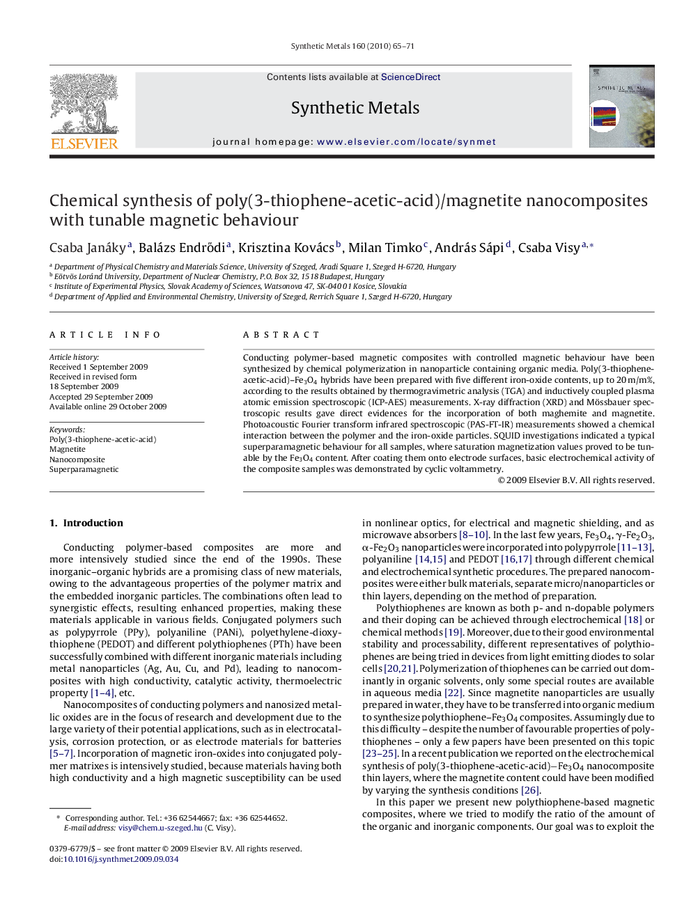 Chemical synthesis of poly(3-thiophene-acetic-acid)/magnetite nanocomposites with tunable magnetic behaviour