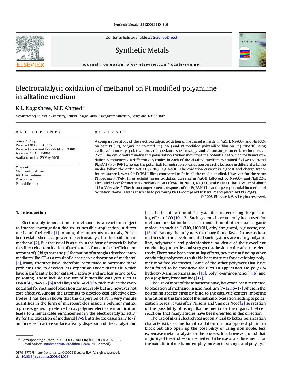 Electrocatalytic oxidation of methanol on Pt modified polyaniline in alkaline medium