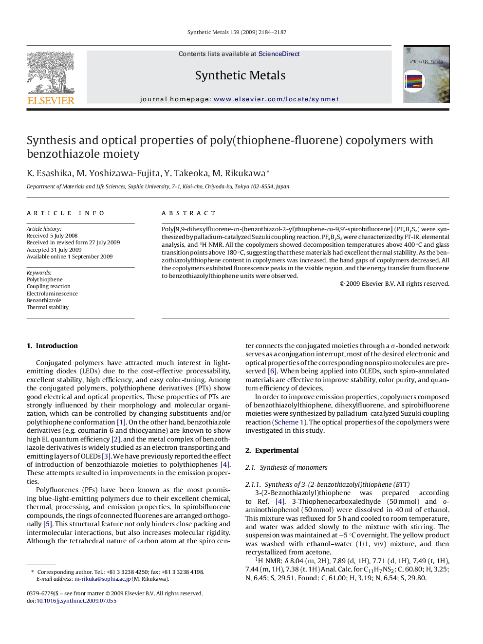 Synthesis and optical properties of poly(thiophene-fluorene) copolymers with benzothiazole moiety