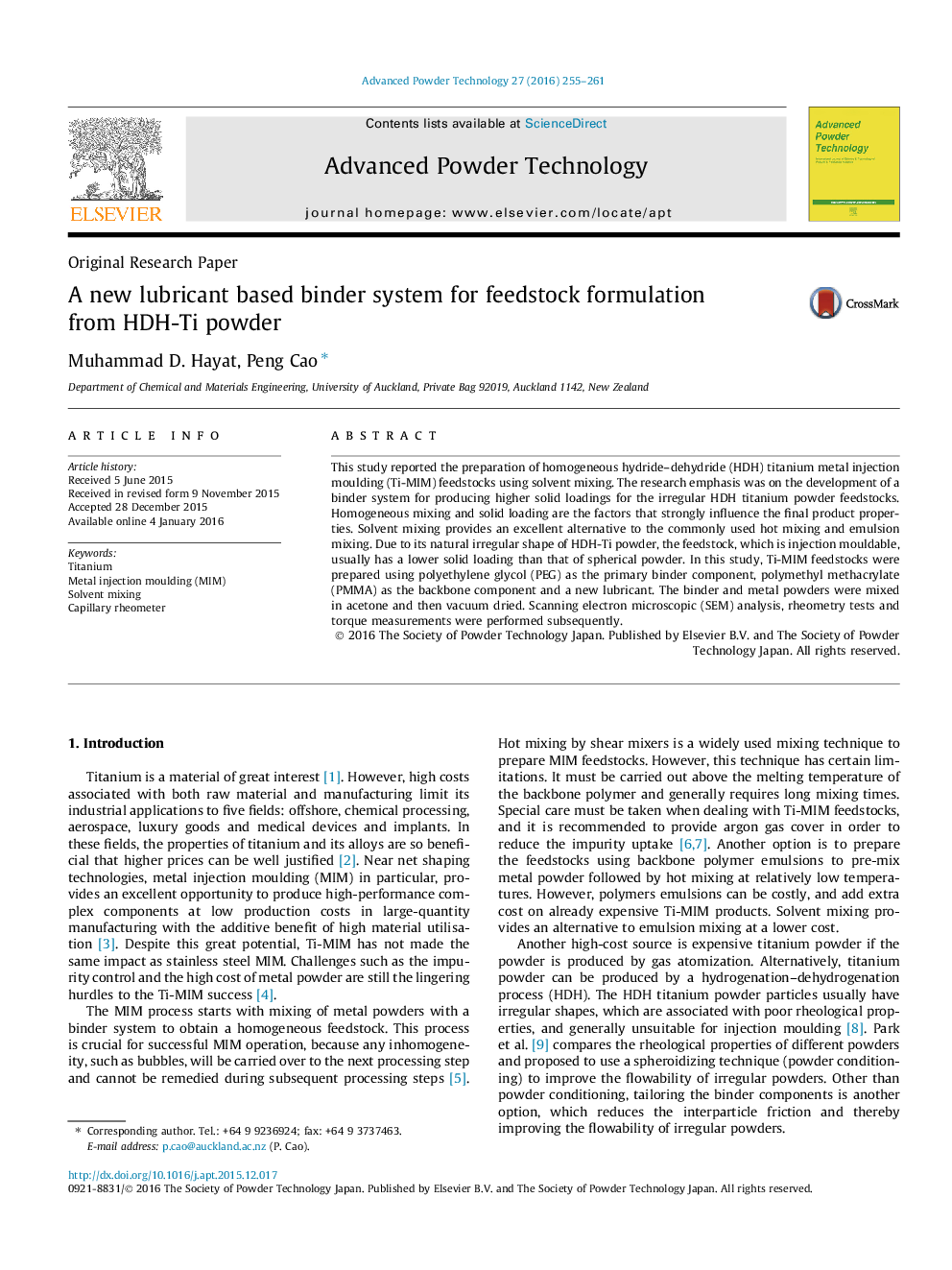 A new lubricant based binder system for feedstock formulation from HDH-Ti powder