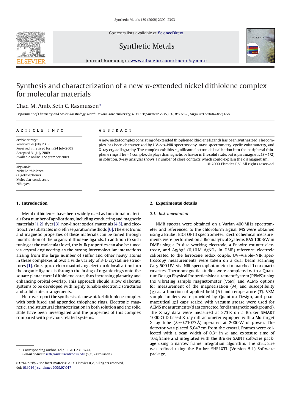 Synthesis and characterization of a new π-extended nickel dithiolene complex for molecular materials