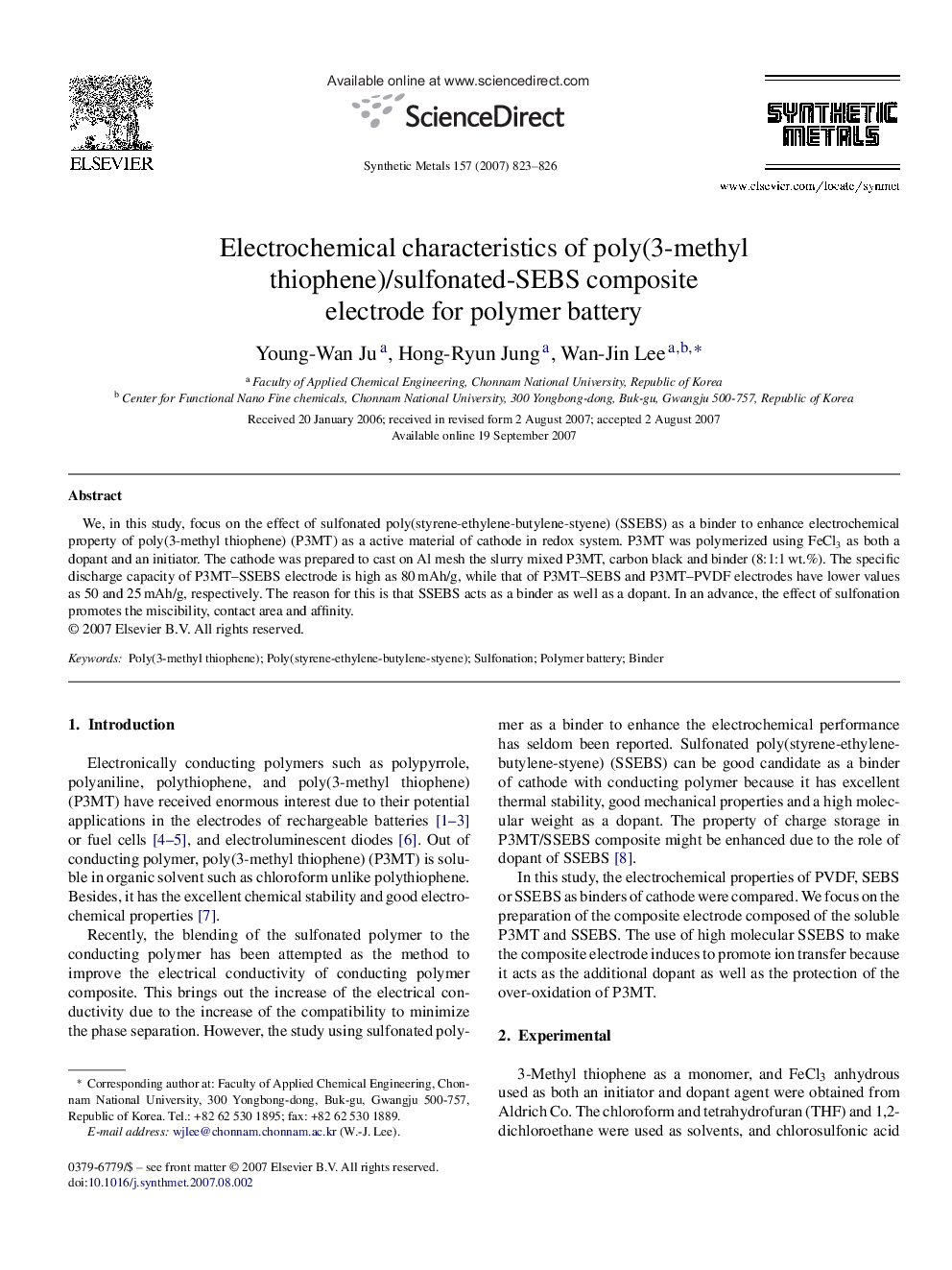 Electrochemical characteristics of poly(3-methyl thiophene)/sulfonated-SEBS composite electrode for polymer battery