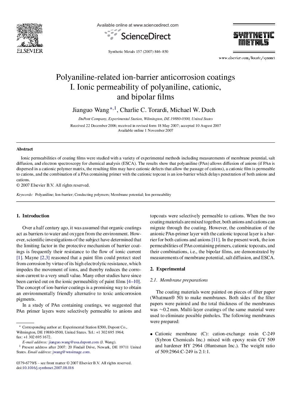 Polyaniline-related ion-barrier anticorrosion coatings: I. Ionic permeability of polyaniline, cationic, and bipolar films