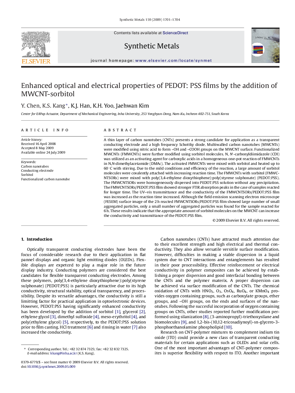 Enhanced optical and electrical properties of PEDOT: PSS films by the addition of MWCNT-sorbitol