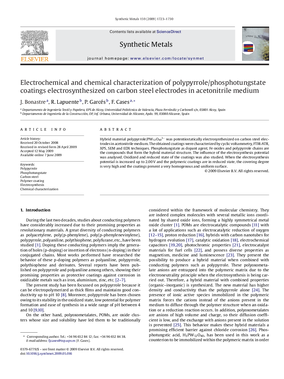 Electrochemical and chemical characterization of polypyrrole/phosphotungstate coatings electrosynthesized on carbon steel electrodes in acetonitrile medium