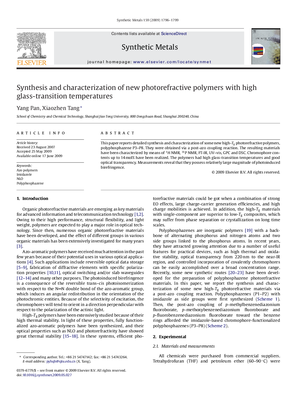 عکس صفحه اول مقاله: Synthesis and characterization of new photorefractive polymers with high glass-transition temperatures Synthesis and characterization of new photorefractive polymers with high glass-transition temperatures