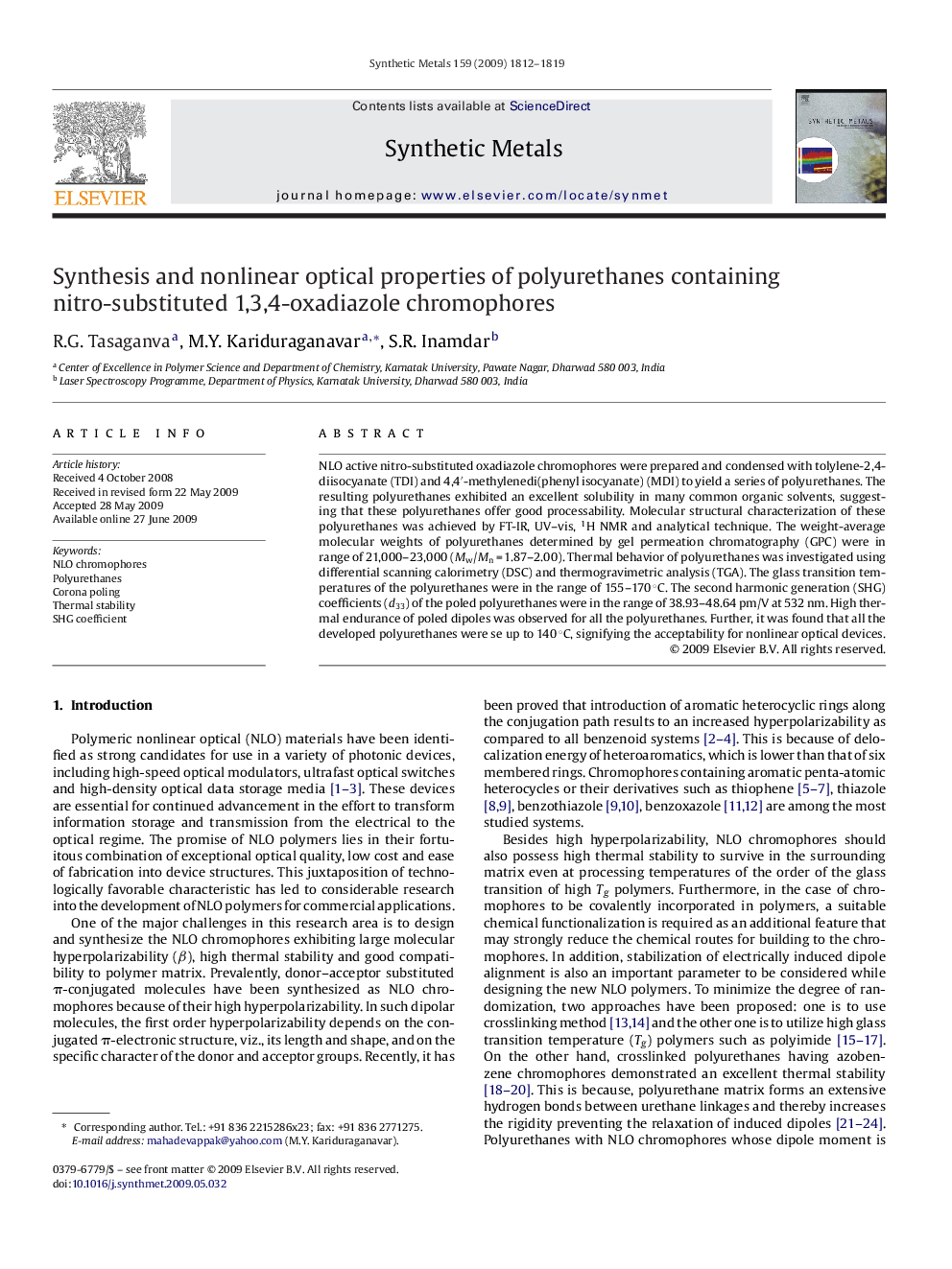 Synthesis and nonlinear optical properties of polyurethanes containing nitro-substituted 1,3,4-oxadiazole chromophores