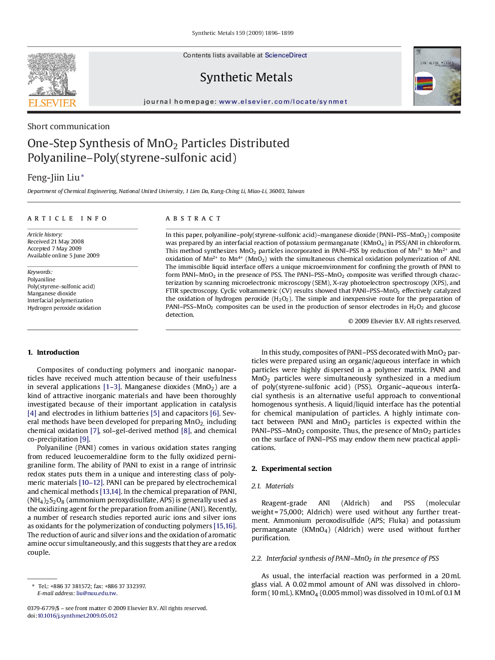 One-Step Synthesis of MnO2 Particles Distributed Polyaniline–Poly(styrene-sulfonic acid)