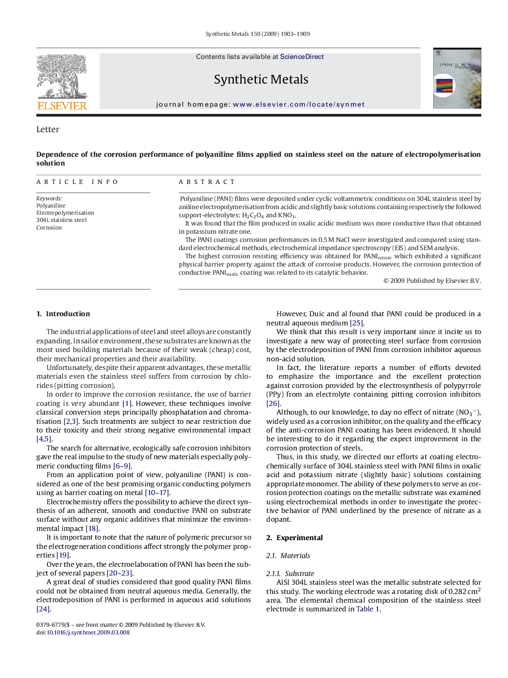 Dependence of the corrosion performance of polyaniline films applied on stainless steel on the nature of electropolymerisation solution