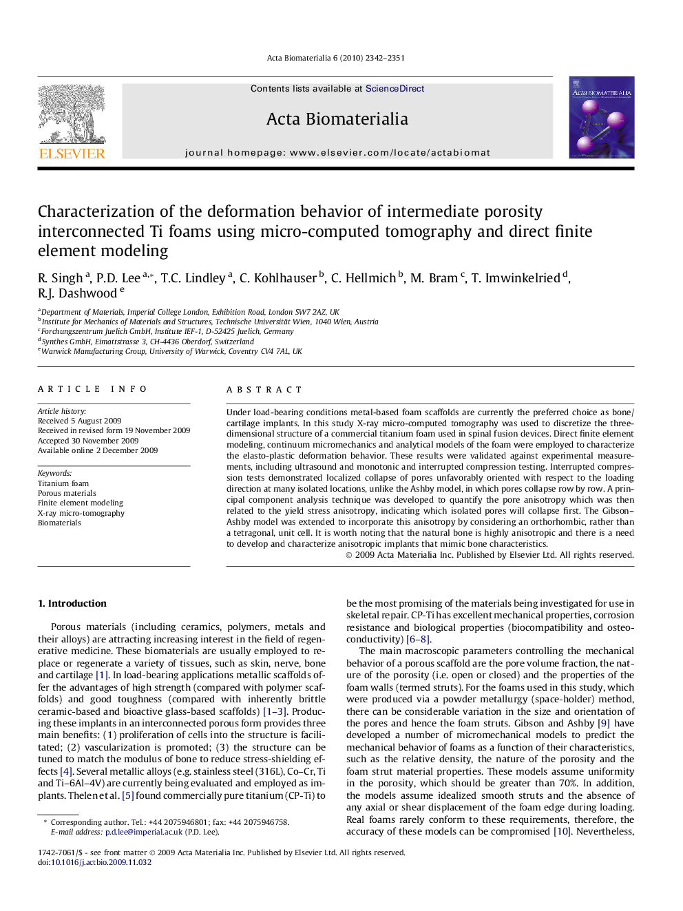 Characterization of the deformation behavior of intermediate porosity interconnected Ti foams using micro-computed tomography and direct finite element modeling