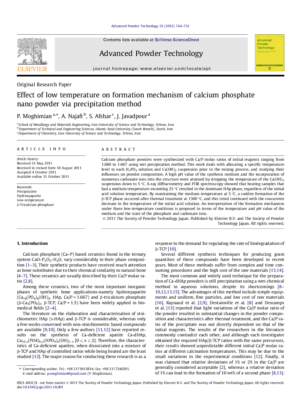 Effect of low temperature on formation mechanism of calcium phosphate nano powder via precipitation method