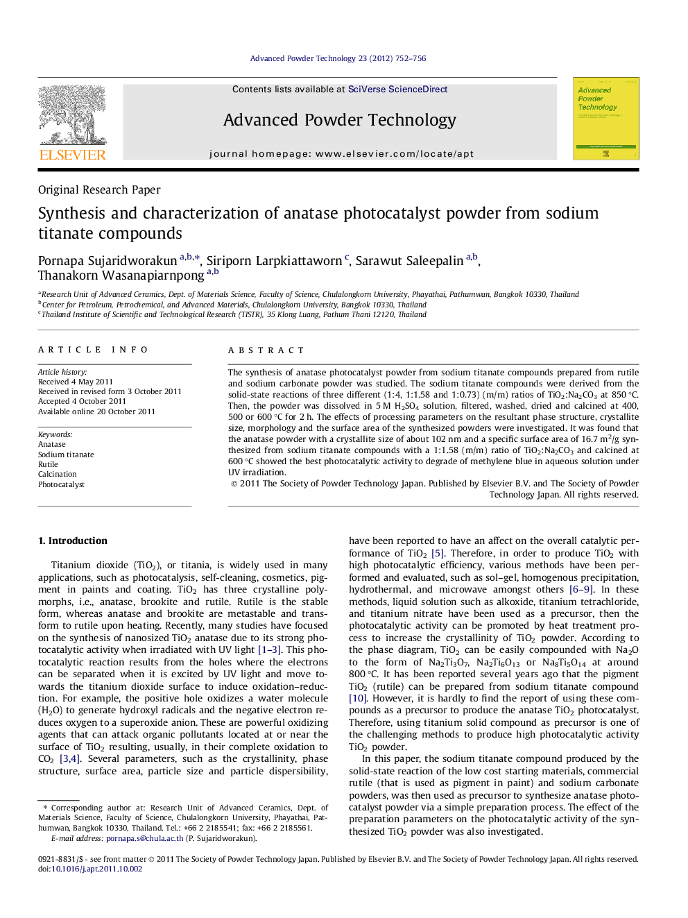 Synthesis and characterization of anatase photocatalyst powder from sodium titanate compounds