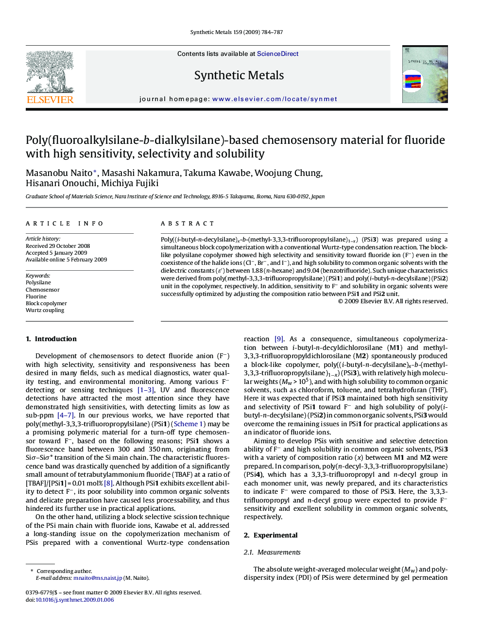 Poly(fluoroalkylsilane-b-dialkylsilane)-based chemosensory material for fluoride with high sensitivity, selectivity and solubility