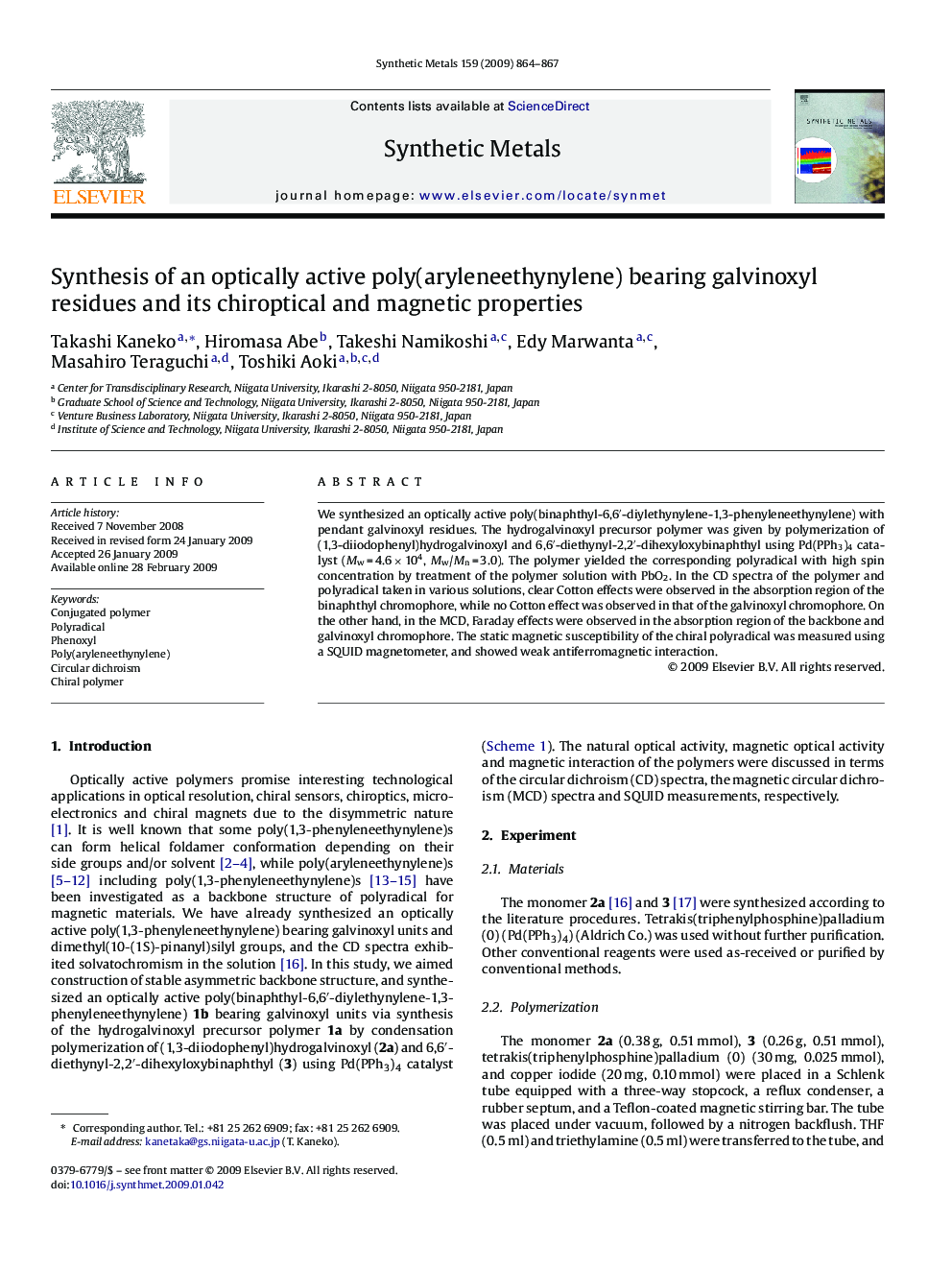 Synthesis of an optically active poly(aryleneethynylene) bearing galvinoxyl residues and its chiroptical and magnetic properties