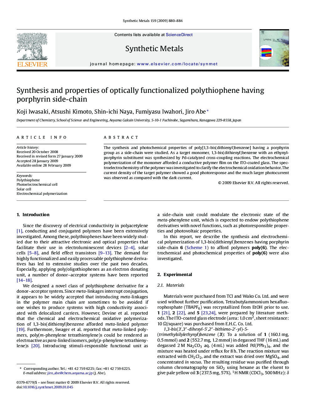 Synthesis and properties of optically functionalized polythiophene having porphyrin side-chain