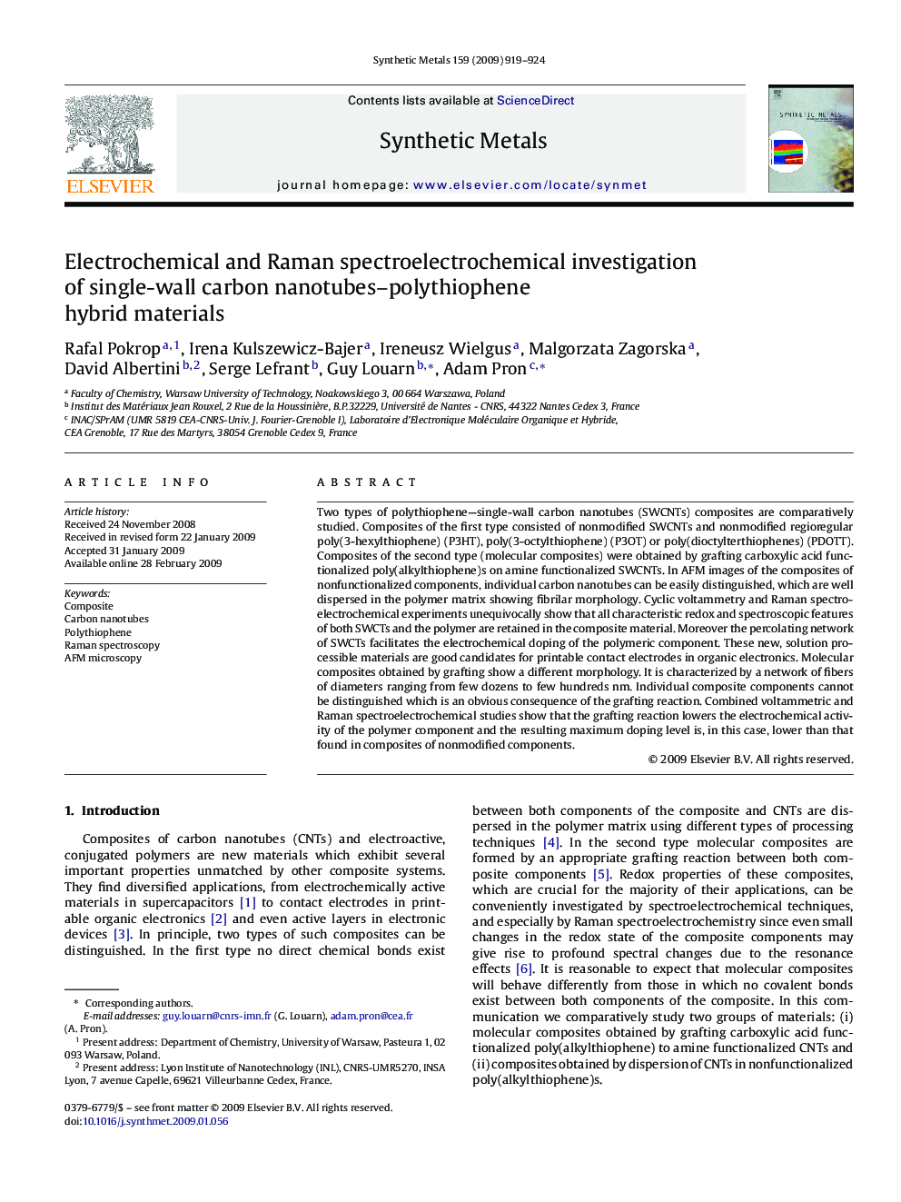 Electrochemical and Raman spectroelectrochemical investigation of single-wall carbon nanotubes–polythiophene hybrid materials