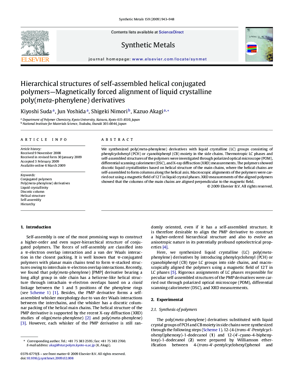 Hierarchical structures of self-assembled helical conjugated polymers—Magnetically forced alignment of liquid crystalline poly(meta-phenylene) derivatives