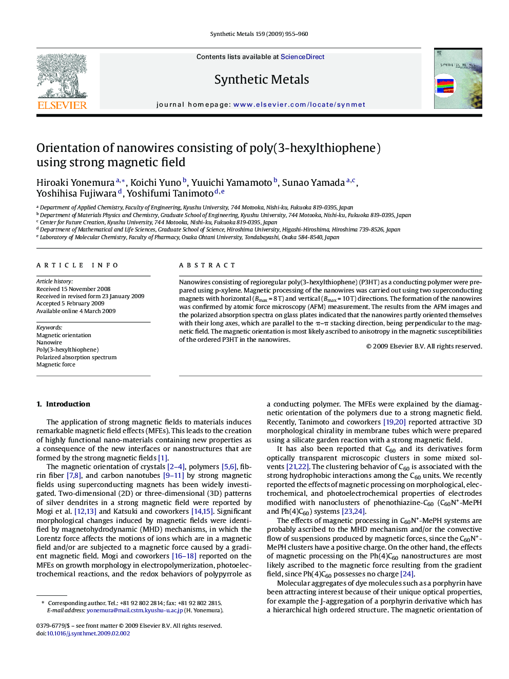 Orientation of nanowires consisting of poly(3-hexylthiophene) using strong magnetic field