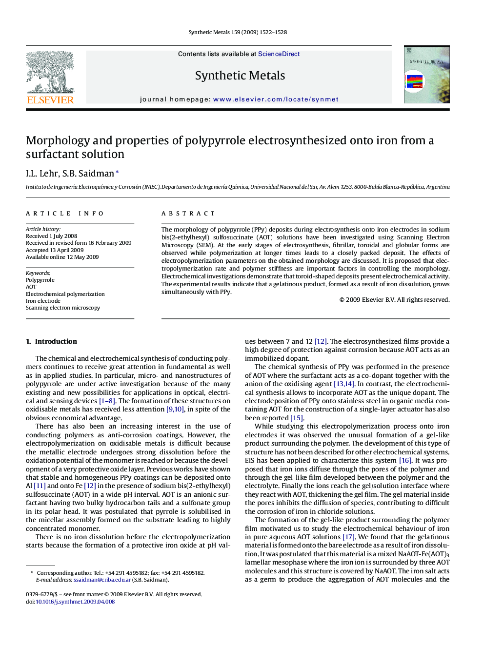 Morphology and properties of polypyrrole electrosynthesized onto iron from a surfactant solution