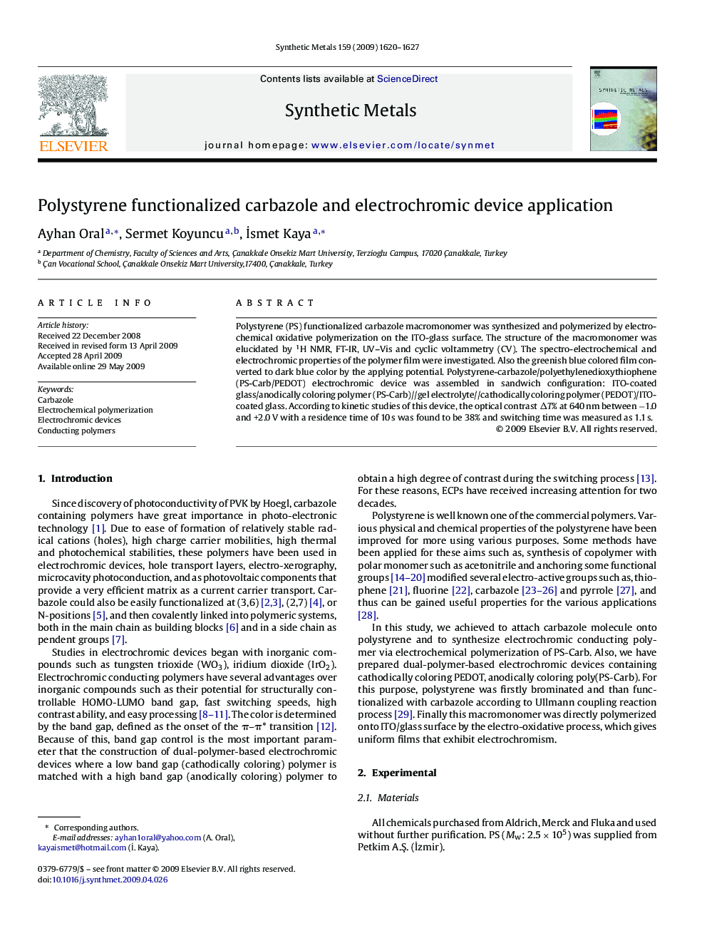 Polystyrene functionalized carbazole and electrochromic device application