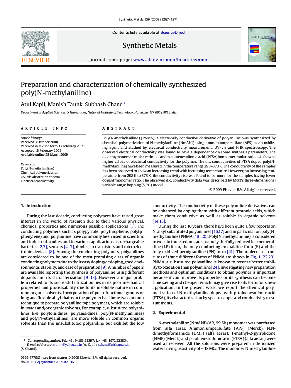 Preparation and characterization of chemically synthesized poly(N-methylaniline)