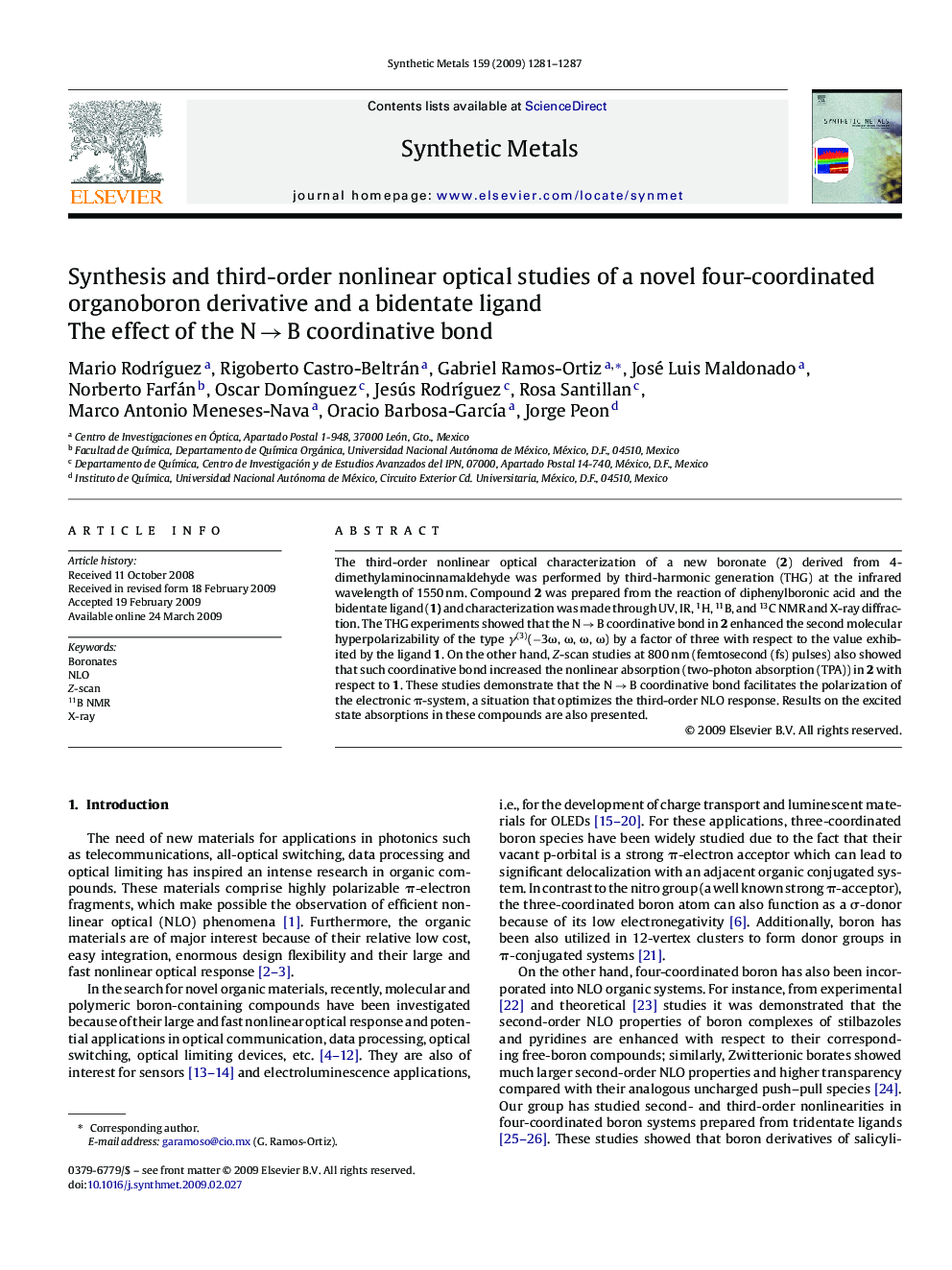 Synthesis and third-order nonlinear optical studies of a novel four-coordinated organoboron derivative and a bidentate ligand: The effect of the N → B coordinative bond