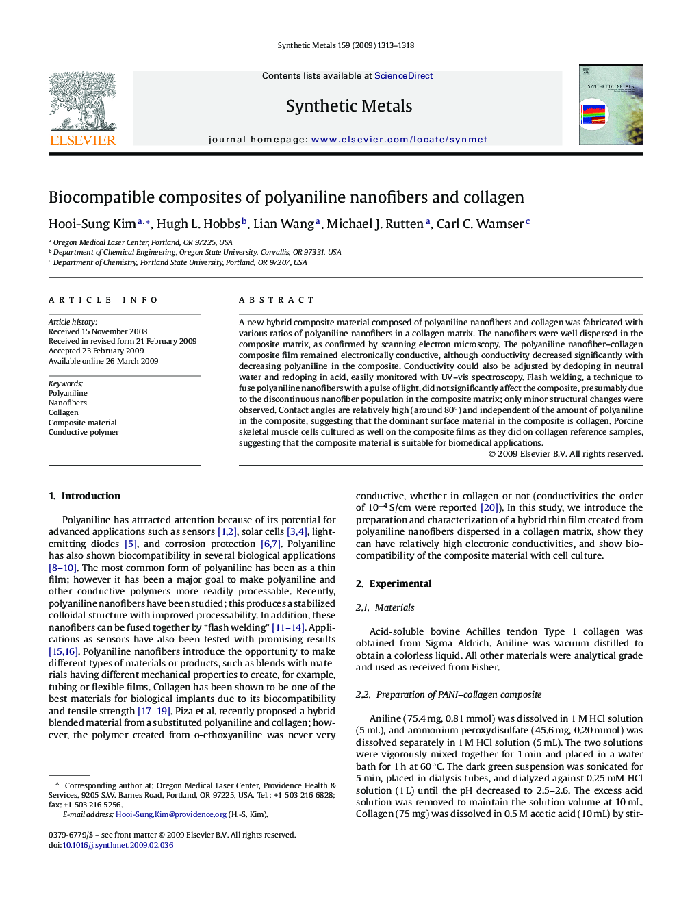 Biocompatible composites of polyaniline nanofibers and collagen