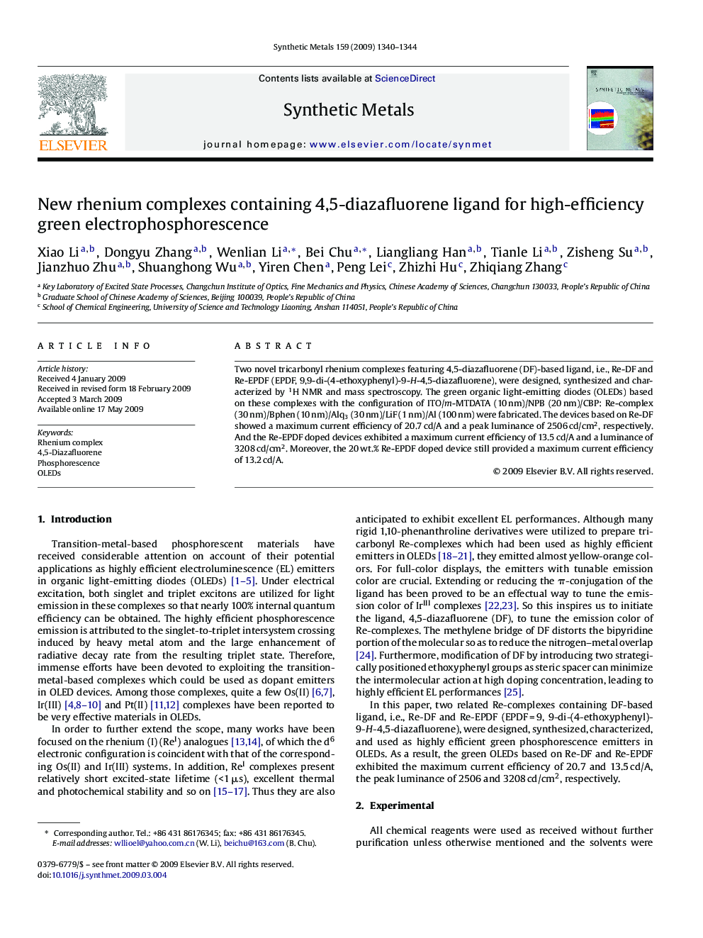 New rhenium complexes containing 4,5-diazafluorene ligand for high-efficiency green electrophosphorescence