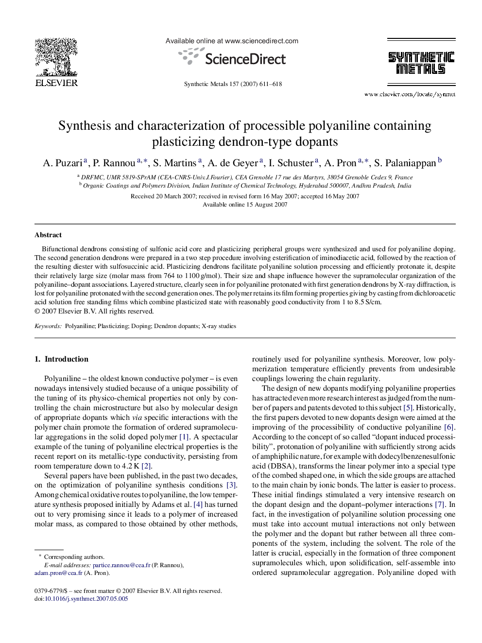 Synthesis and characterization of processible polyaniline containing plasticizing dendron-type dopants