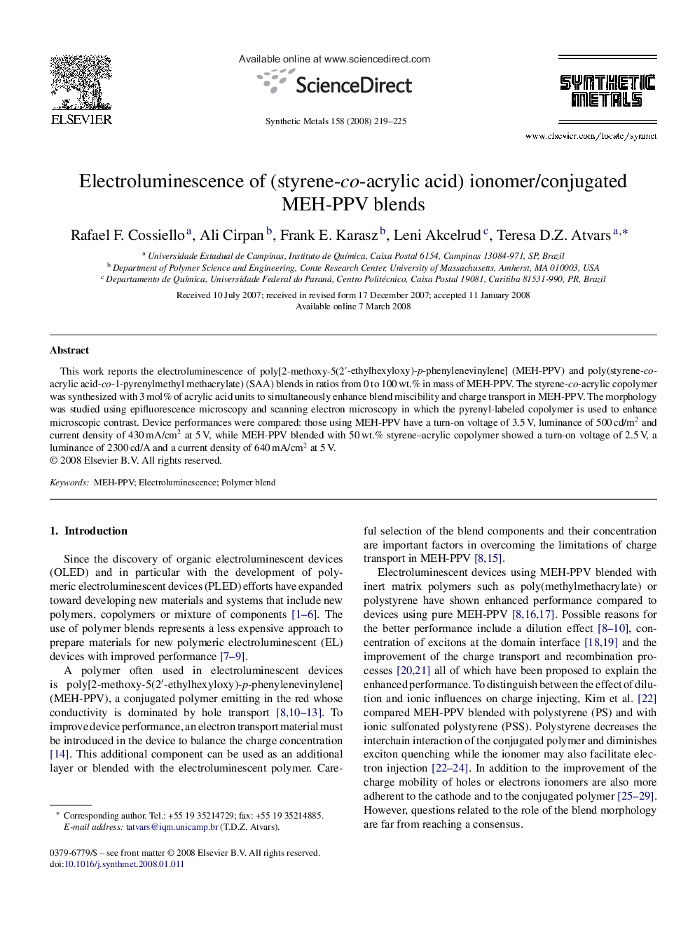 Electroluminescence of (styrene-co-acrylic acid) ionomer/conjugated MEH-PPV blends